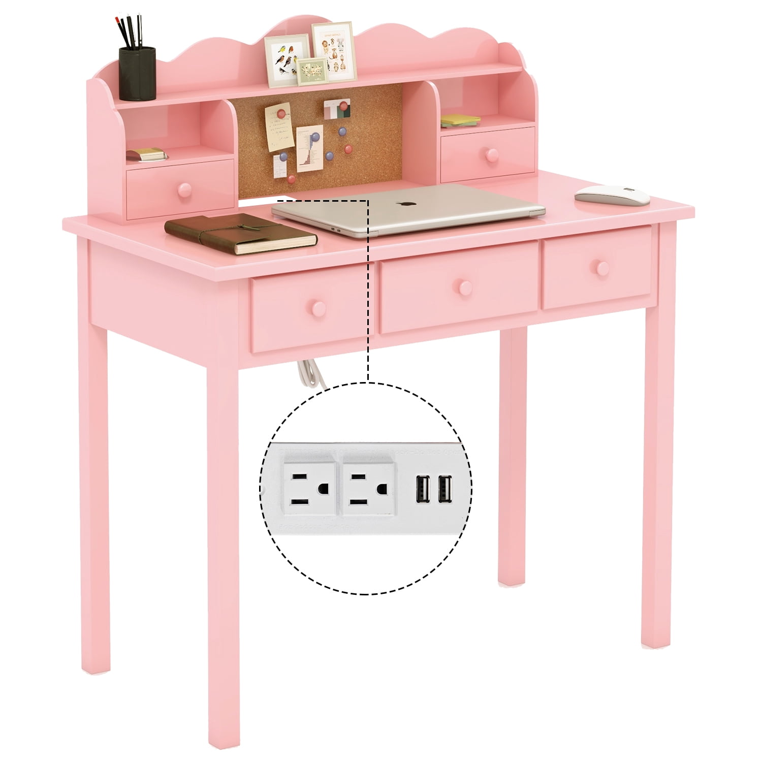 LAZZO 36" Writing Desk with Detachable Hutch & Drawers, Home Office Study Desk, Pink
