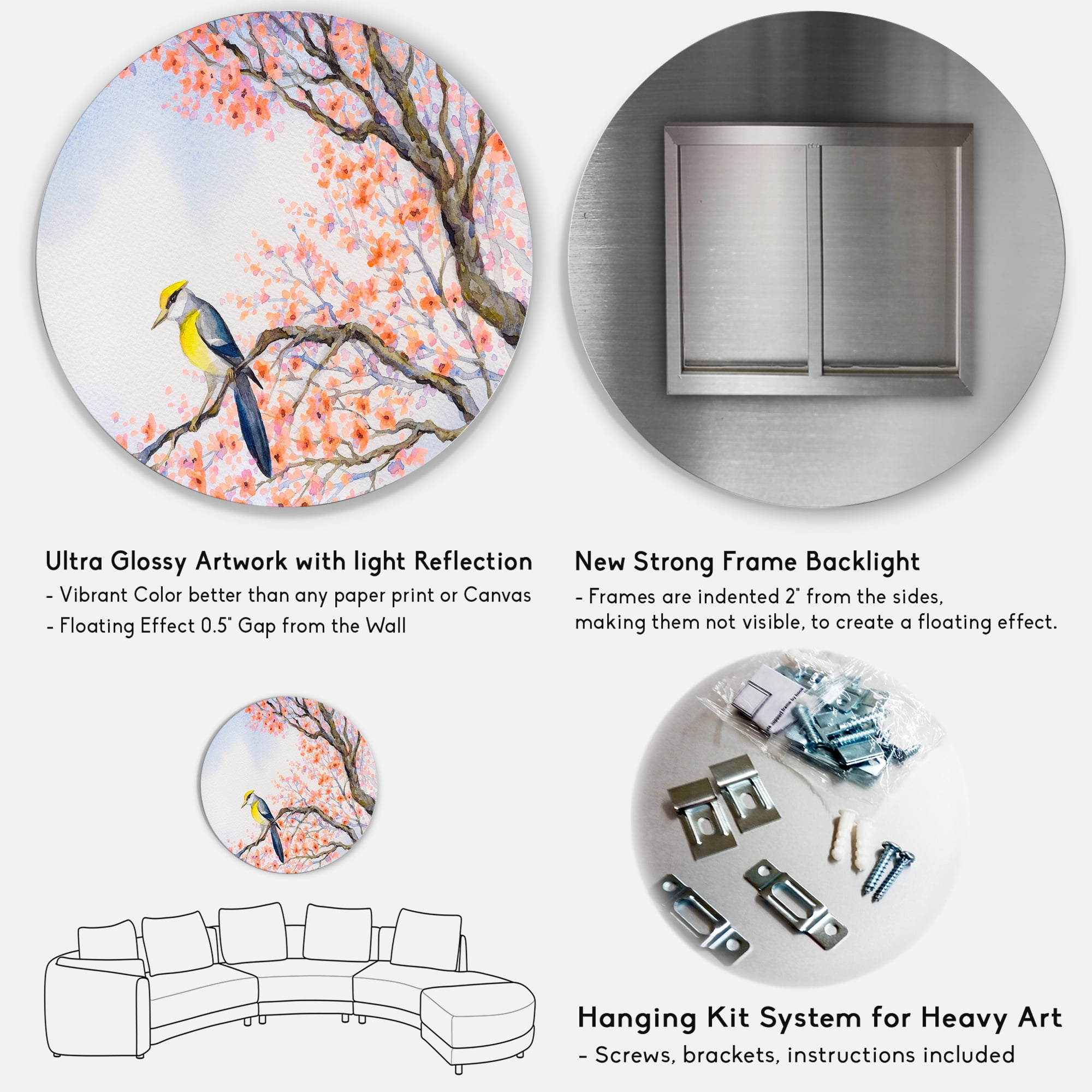 Designart 'Beautiful Blue Bird Sitting On Flowering Branch I' Traditional Circle Metal Wall Art 29x29 - Disc of 29