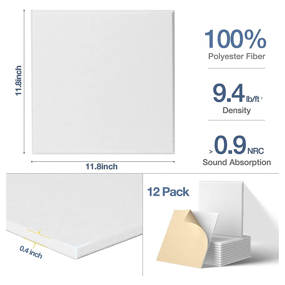 Self-Adhesive Acoustic Panels, Sound Proof Padding, Sound Absorbing Panel for Home, White, 12 Pack
