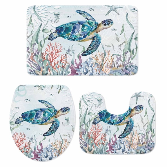 Teal Sea Turtle Coastal Bath Mat 3 Piece Bathroom Rug Set, Summer Beach Ocean Coral Non Slip Bath Rug Contour Mat and Toilet Lid Cover, Absorbent Shower Mats Soft Bath Rugs and Mats Sets