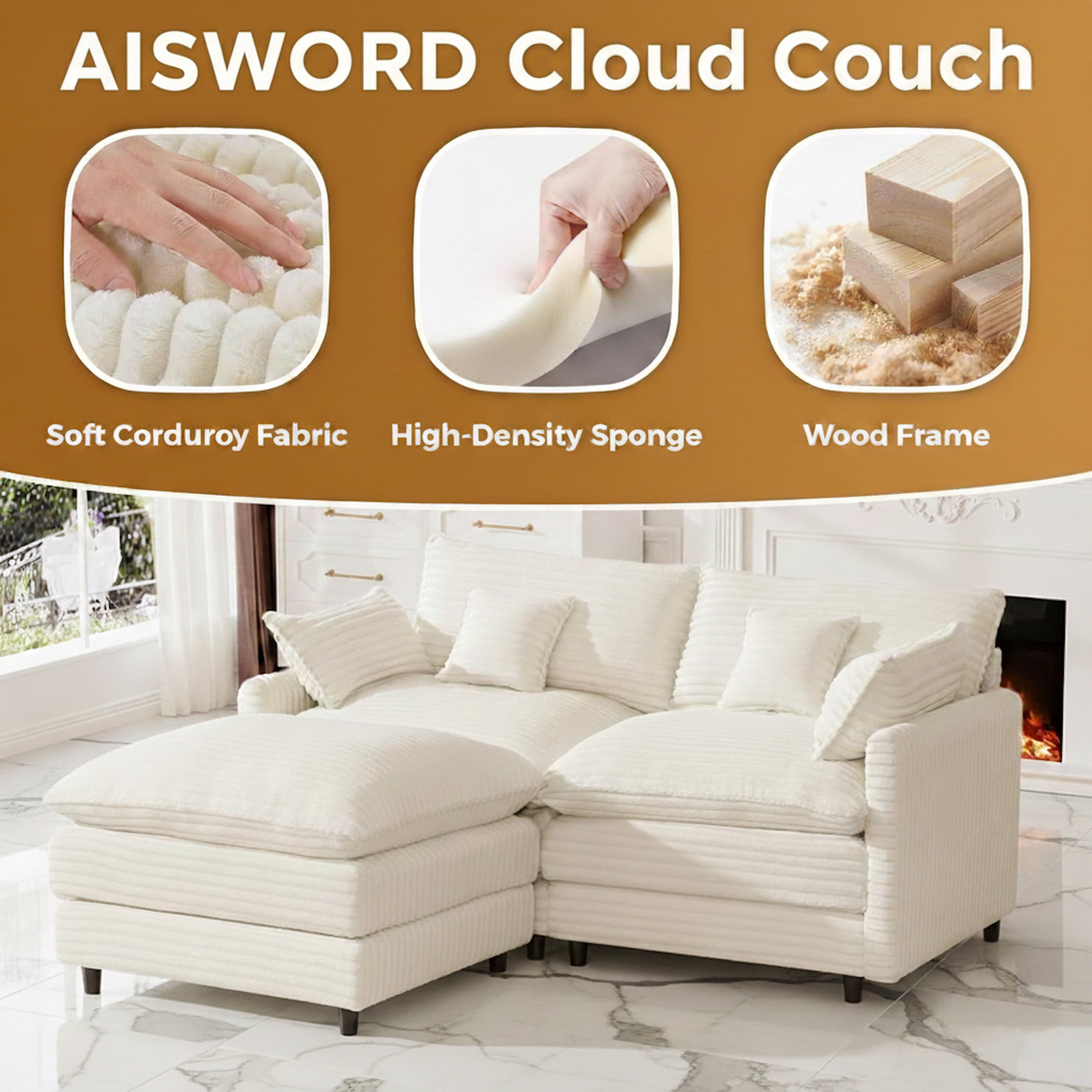 Aisword 74" L Shaped Modular Cloud Couch Sectional with Ottoman, 3 Seat Cloud Couch for Living Room, Beige