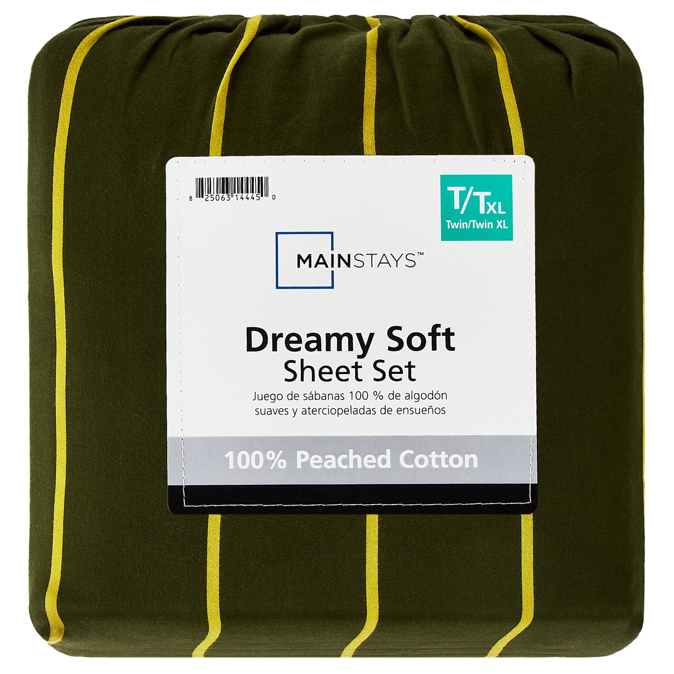 Mainstays Dreamy Soft 3-Piece Bed Sheet Set, 100% Cotton, 220 Thread Count, Deep Pocket, Twin/Twin XL, Green Stripe