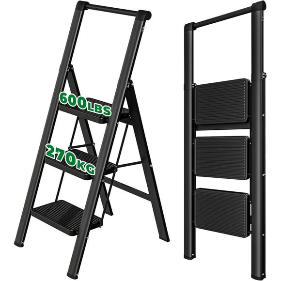 3 Step Ladder, Folding Step Stool with Wide Anti-Slip Pedal, 600 lbs Sturdy Steel Ladders, Convenient Handgrip, Lightweight, Portable Steel Step Ladders for Home and Kitchen, Black