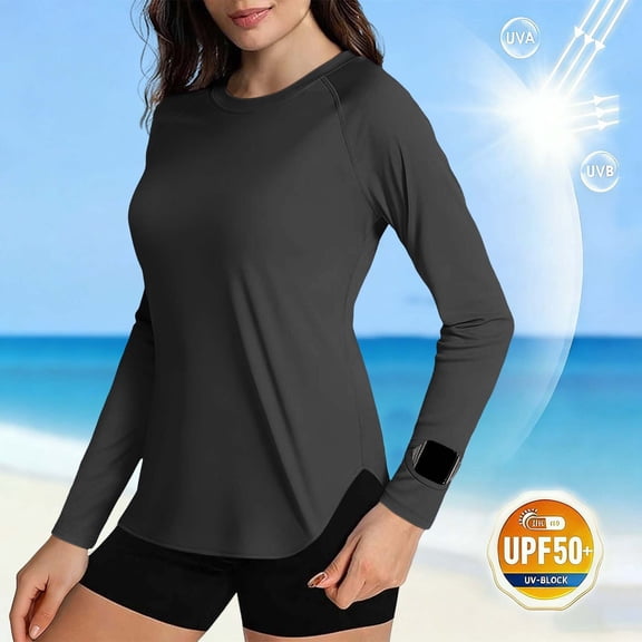 Oiangi Womens Long Sleeve Sun Shirts UV Protection UPF 50  Hiking Shirts Quick Dry Crew Neck Workout Tops with Watching Window Black L