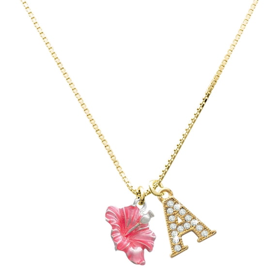 Delight Jewelry Silver-tone Hot Pink Hibiscus Flower - Large Goldtone Crystal Initial - A - Charm Necklace, 17.5" 2"