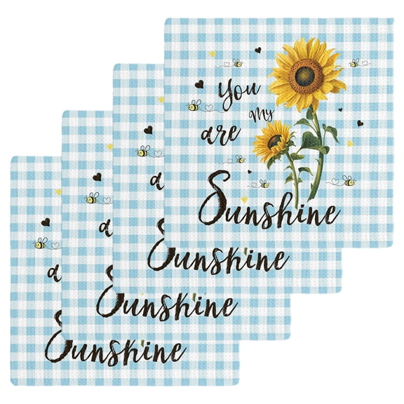 Sunflower Kitchen Dish Towels for Drying Dishes Set of 4, Blue Plaid Farmhouse You Are My Sunshine Waffle Weave Microfiber Hand Tea Bathroom Towels Quick Dry & Absorbent Towel 12x12