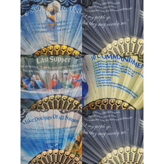 Set of 12 Religious English Hand Held Folding Fans w/Gift Bags for Party Favors, Party Decor, Church, Baptism, First Communion, Religious Gift, Table Setting