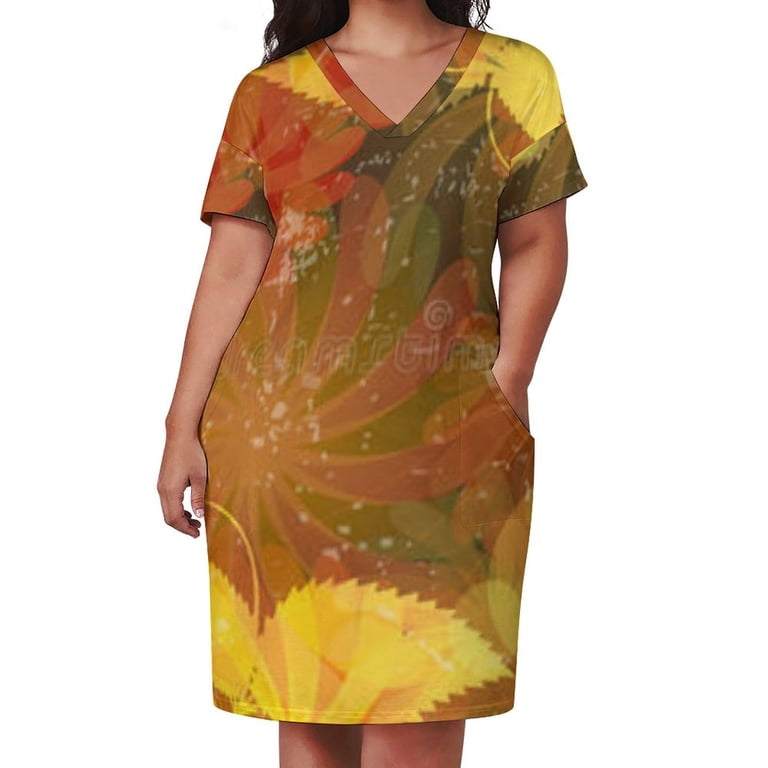 Autumn Leaves Floral Grunge Design Women's Loose Short Sleeve Dress Casual  Summer Plus Size Long Dresses with Pockets - Walmart.com