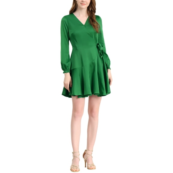 INSPIRE CHIC Women's Puff Sleeve Tie Waist Satin Wrap Mini Dress Green L