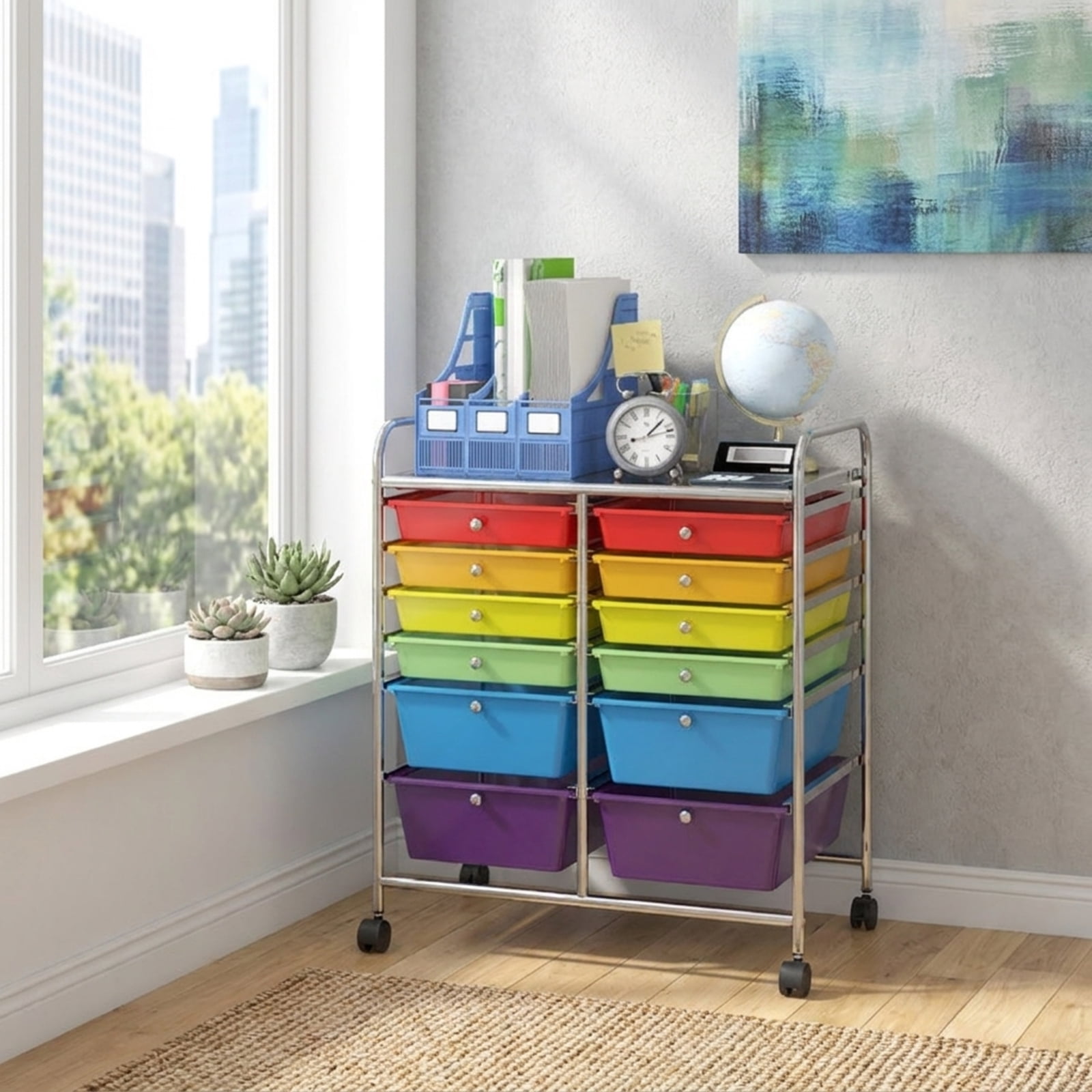 Furnibear 12 Drawers Rolling Cart Storage Scrapbook Paper Organizer Bins Multi for Home Office Craft Room Classroom, Transparent Multicolor