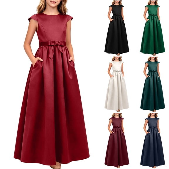 ITSAME Girls Formal A-Line Dress with Pockets Round Neck Bow Belt Wedding Party Pageant Gown Wine Size 12
