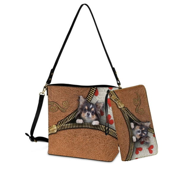 ZUXONGSY Chihuahua Dog Print Large Leather Crossbody Handbag with Wrist Wallet for Women, Waterproof Bucket Bag Purse and Wallet Set for Shopping Working