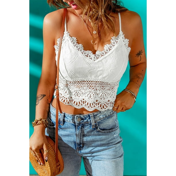 White cami Bralette crop top lace ribbon, Women's Fashion, Tops, Sleeveless  on Carousell
