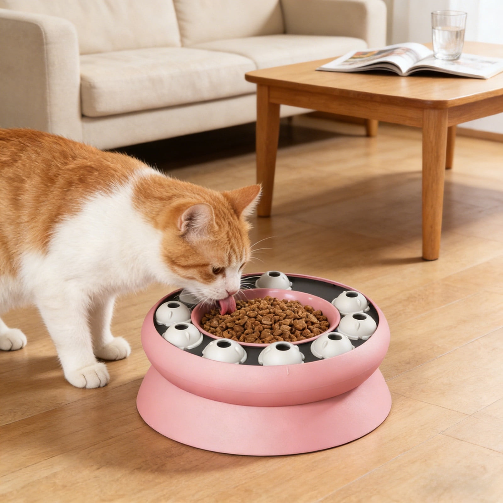 Interactive Cat Slow Feeder Bowl With Automatic Food Dispenser Puzzle For Indoor Cats