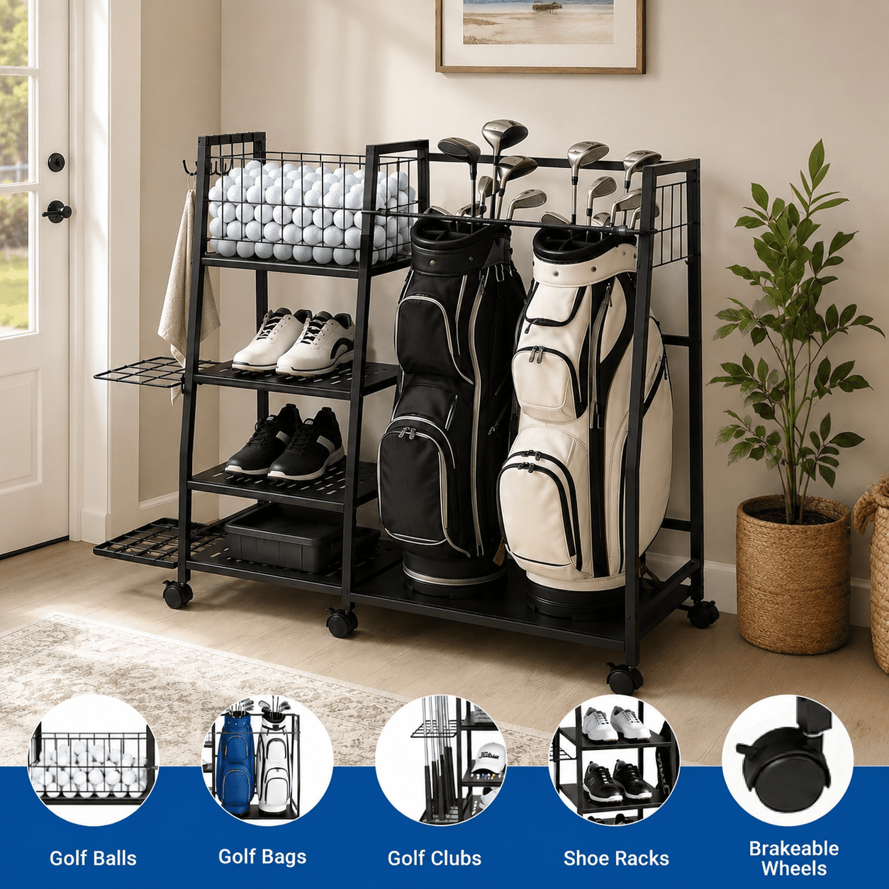 2-Bag Golf Bag Storage Rack with Wheels, Heavy Duty Garage Organizer ...