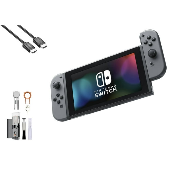 Pre-Owned Nintendo Switch - Gray & Gray Joy-Con with HDMI Cable BOLT AXTION Cleaning Kit Bundle