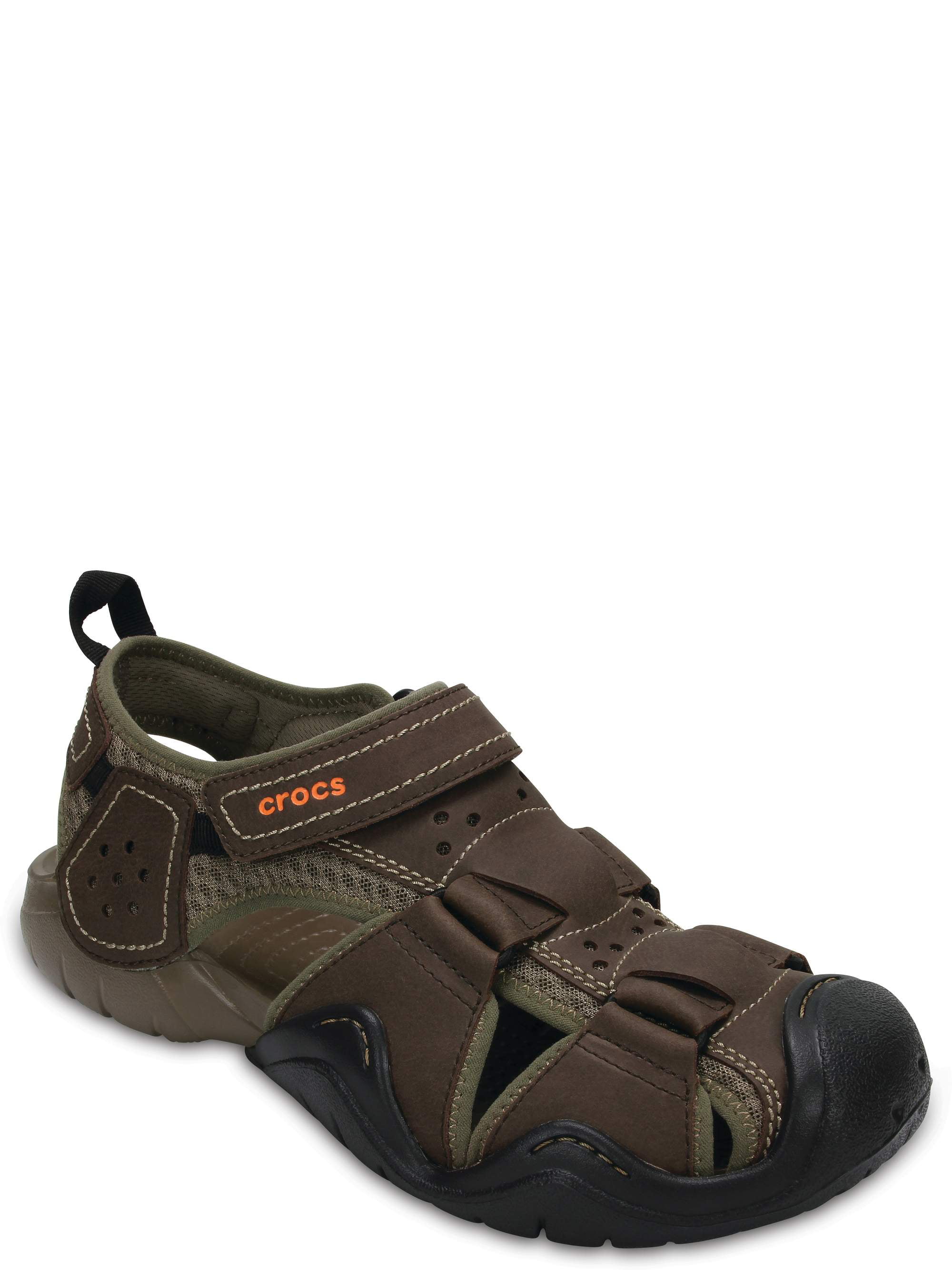 Men's Crocs SWIFTWATER Leather Fisherman Espresso Walnut Rugged Sandals Shoes 