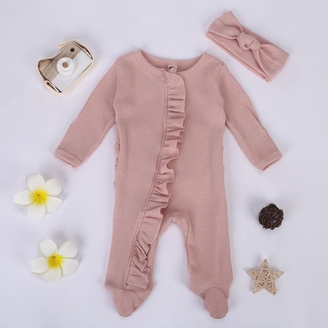 XDZJLR Girls Rompers Newborn Baby Boys Spring Fall Clothes Knit Ruffle Footies with Headband Outfit Pink 6-12 Months