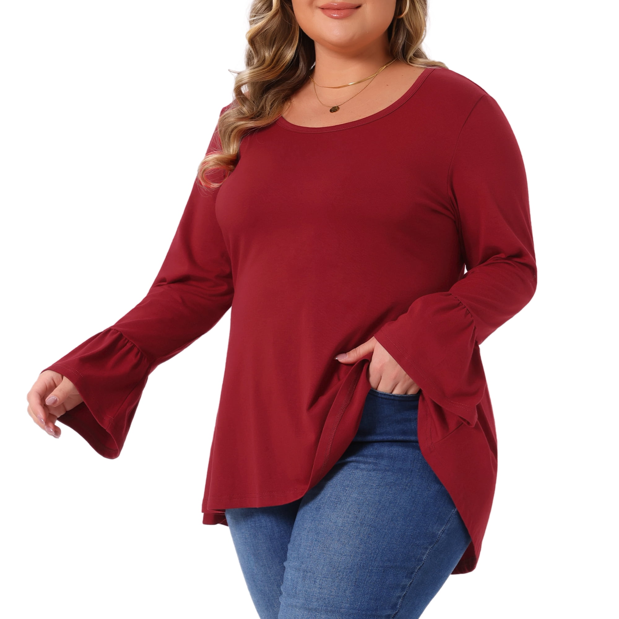DARING DIVA Women's Plus Tops Crew Neck Bell High Low Hem Blouses 4X Burgundy