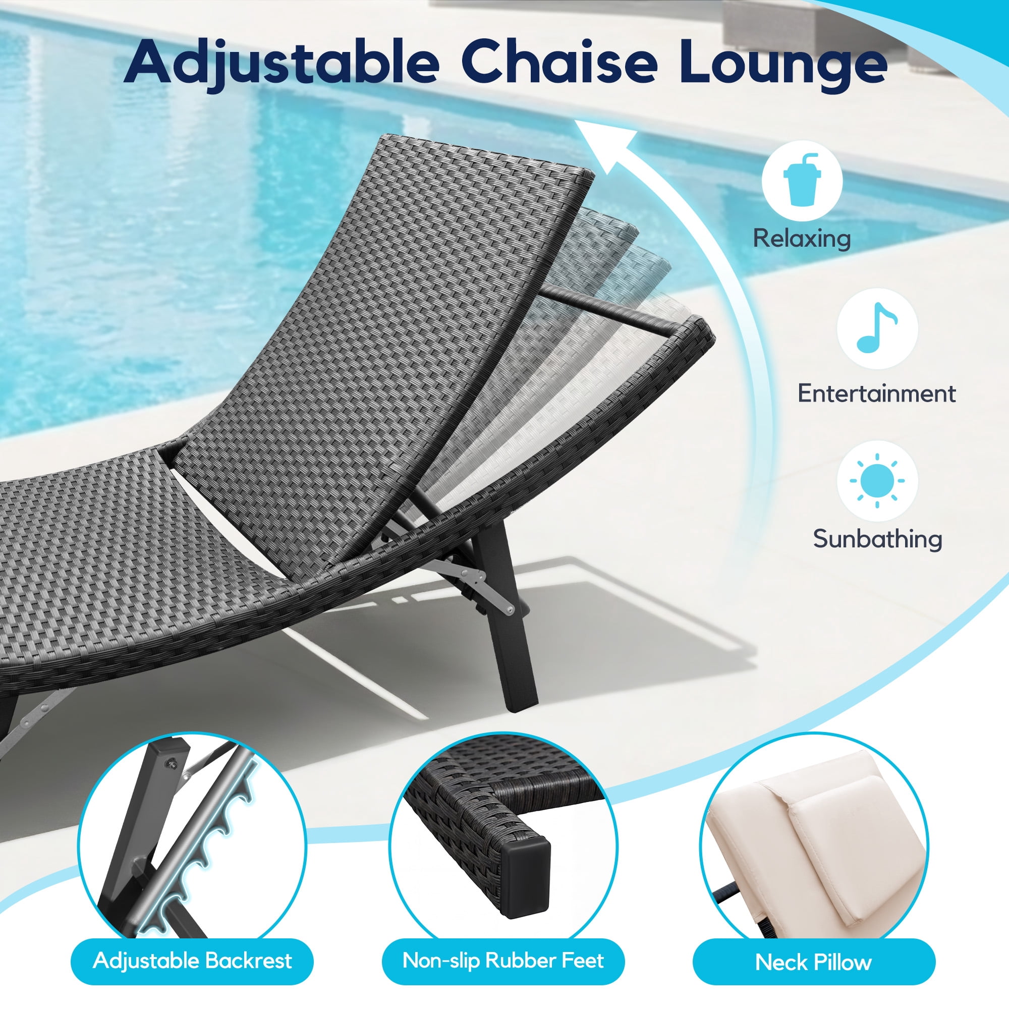 Homall 3 Pieces Patio Chaise Lounge Chair Sets Outdoor Beach Pool PE Rattan Reclining Chair with Folding Table and Cushion, Beige