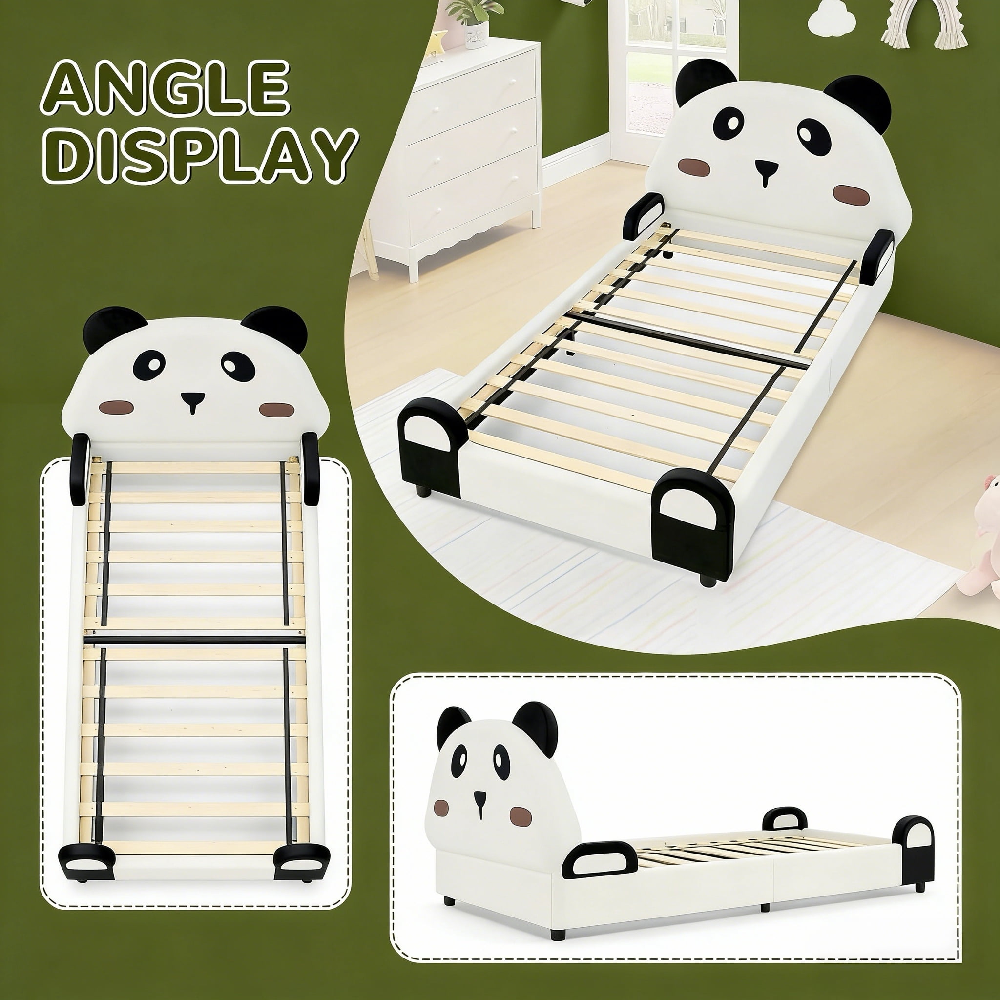 Aisword Twin Size Kid Bed with Panda Headboard, Upholstered Velvet Fabric Twin Daybed with Slats Support, Space-Saving Wooden Corner Sofa Couch Day Bed Frame for Girl, Boy, Teenager
