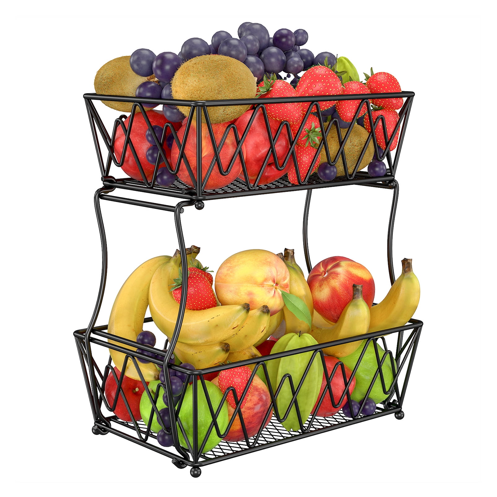 Black Detachable Vegetable Storage Fruit Stand Holder for Counter Dining Room Countertop 2 Tier Fruit Basket Bowl Vegetable Organizer for Kitchen 