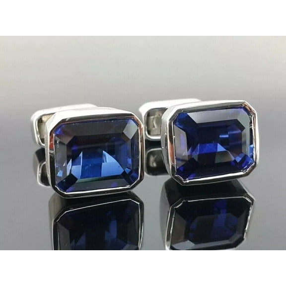 2Ct Emerald Cut Lab-Created Blue Sapphire Man's Shirt Cufflinks 14K White Gold Plated