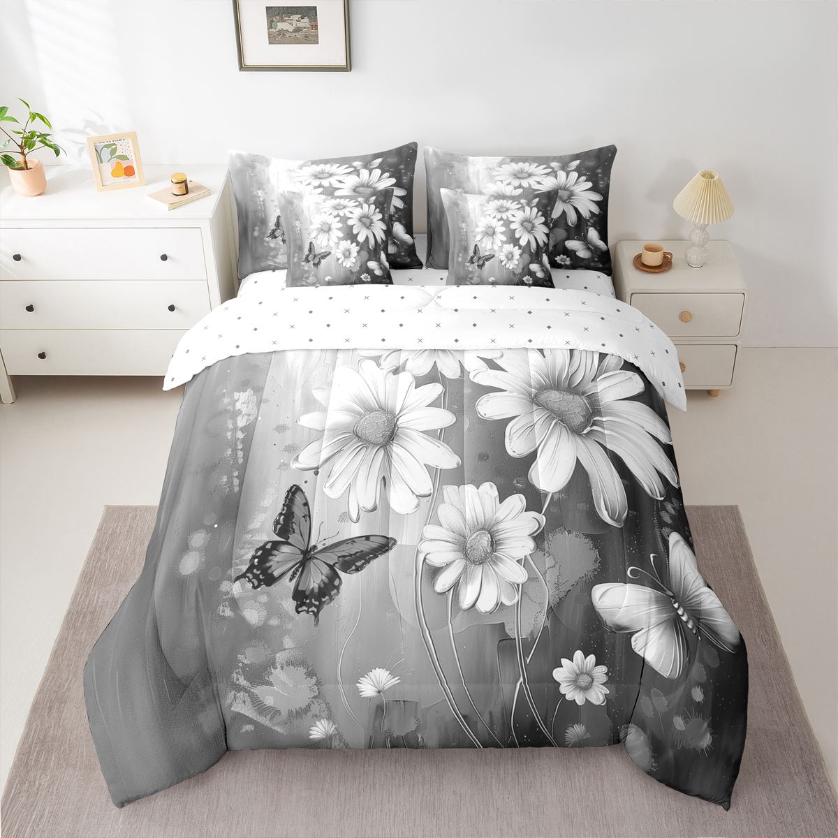 Homewish Rustic Flower Floral 7-Piece Bedding Comforter Set,Oil Painting Artistic King Bedding Sets,Gray White Bed Sheets For Gir Kids,Super Cozy Room Decor Reversible