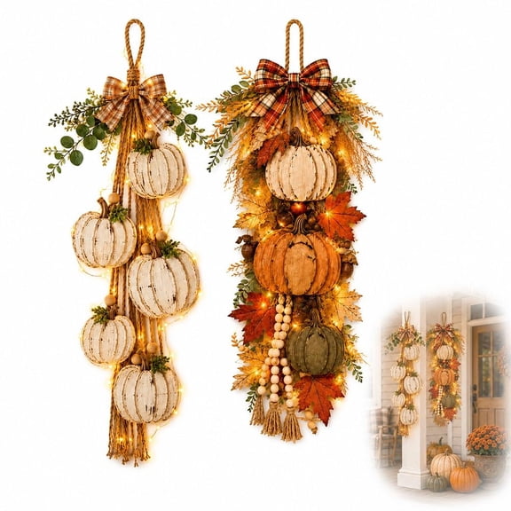 Rustic Wooden Pumpkin Door Hanging with Warm LED Lights,Fall Decor Gift, Glowing Wreath, Farmhouse Porch Front Door Decoration Home