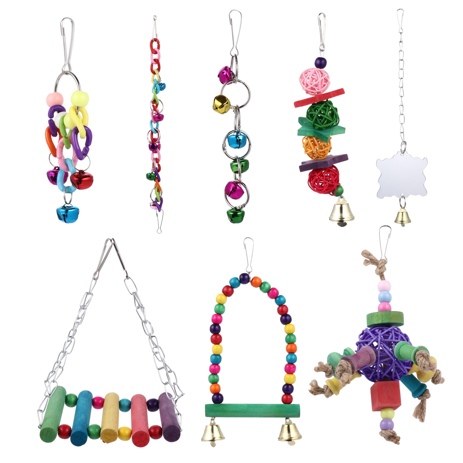 8Pcs Bird Parrot Toys Colorful Hanging Hammock Swing Mirror Bell