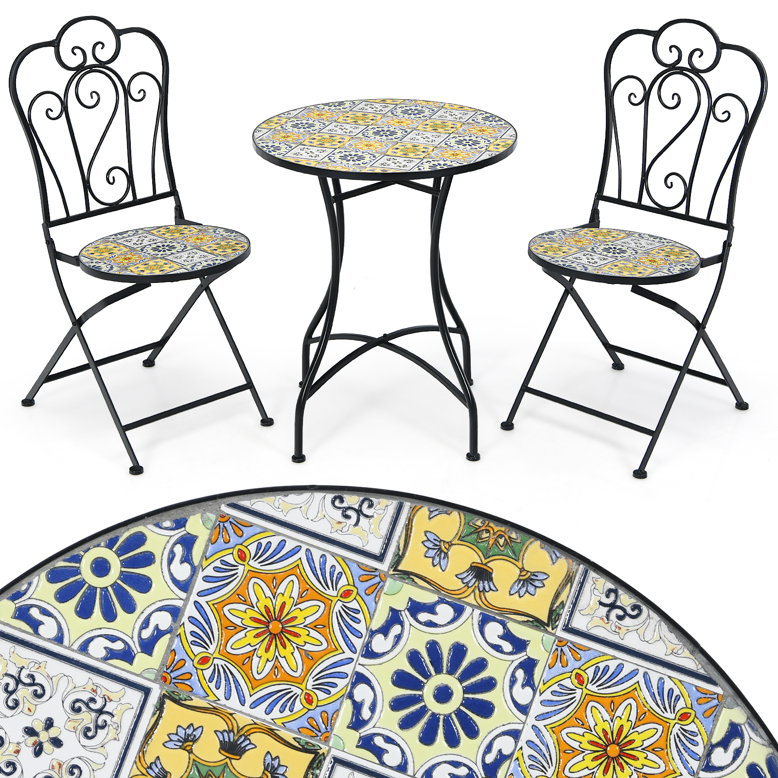 Patiojoy 3PCS Patio Mosaic Design Folding Chairs Side Table Set Bistro Set Classic Furniture Chair Set for Garden - image 2 of 8