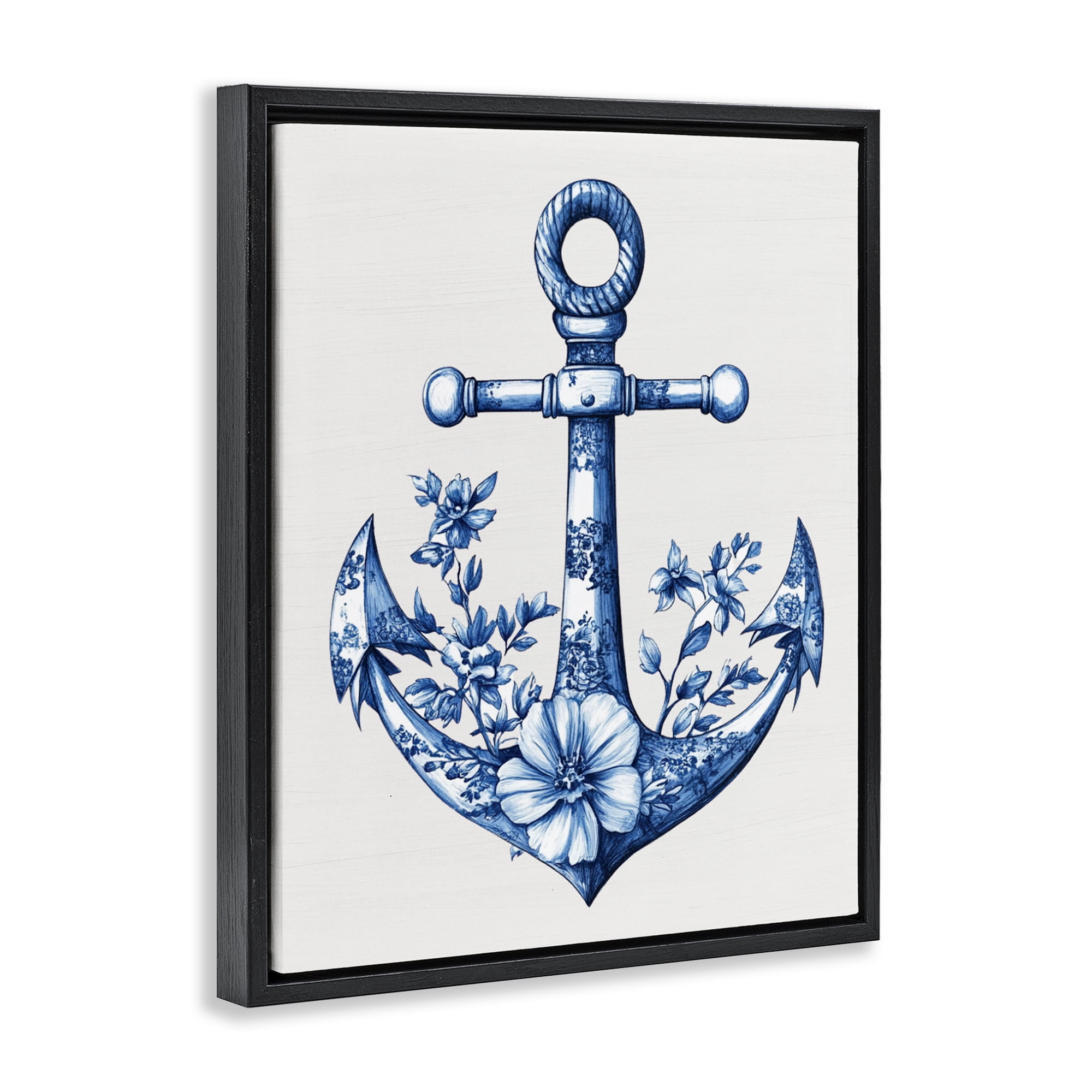 Toile Patterned Anchor Black Framed Floater Canvas Wall Art, design by Lettered and Lined