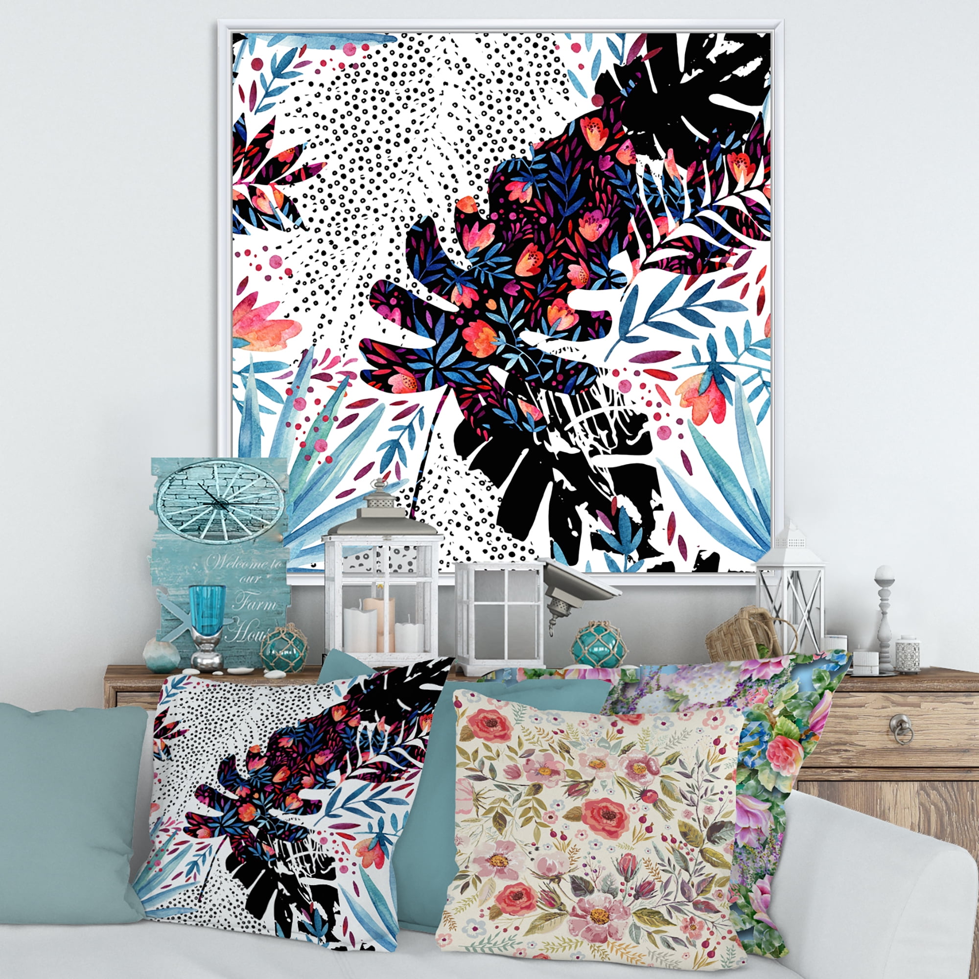 Abstract Tropical Floral Patchwork I 30 in x 30 in Framed Painting Canvas Art Print, by Designart