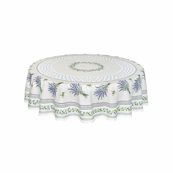 Round French Provencal Tablecloth Lauris Ecru, 70" Round, Easy-Care Cotton Coated French Tablecloth, Spill Resistant Wipeable, Tissus Toselli, Acrylic Coated 100% Cotton, Provencal French Luxury Linen