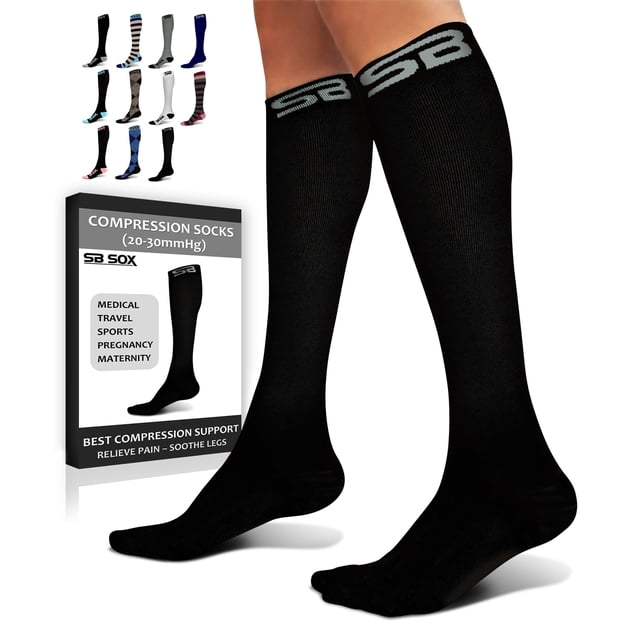 Calcetines de compresión SB SOX para hombre y mujer de 20 a 30 mm Hg, color negro