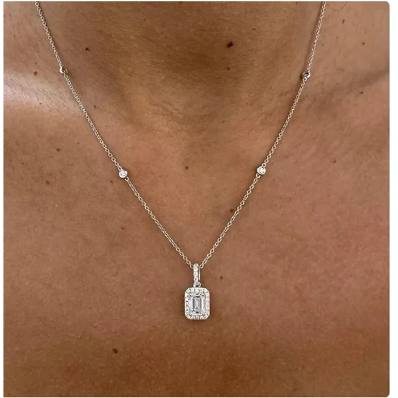 2Ct Emerald Cut Lab Created Diamond Halo Pendant Gift For Women's 14k White Gold Plated
