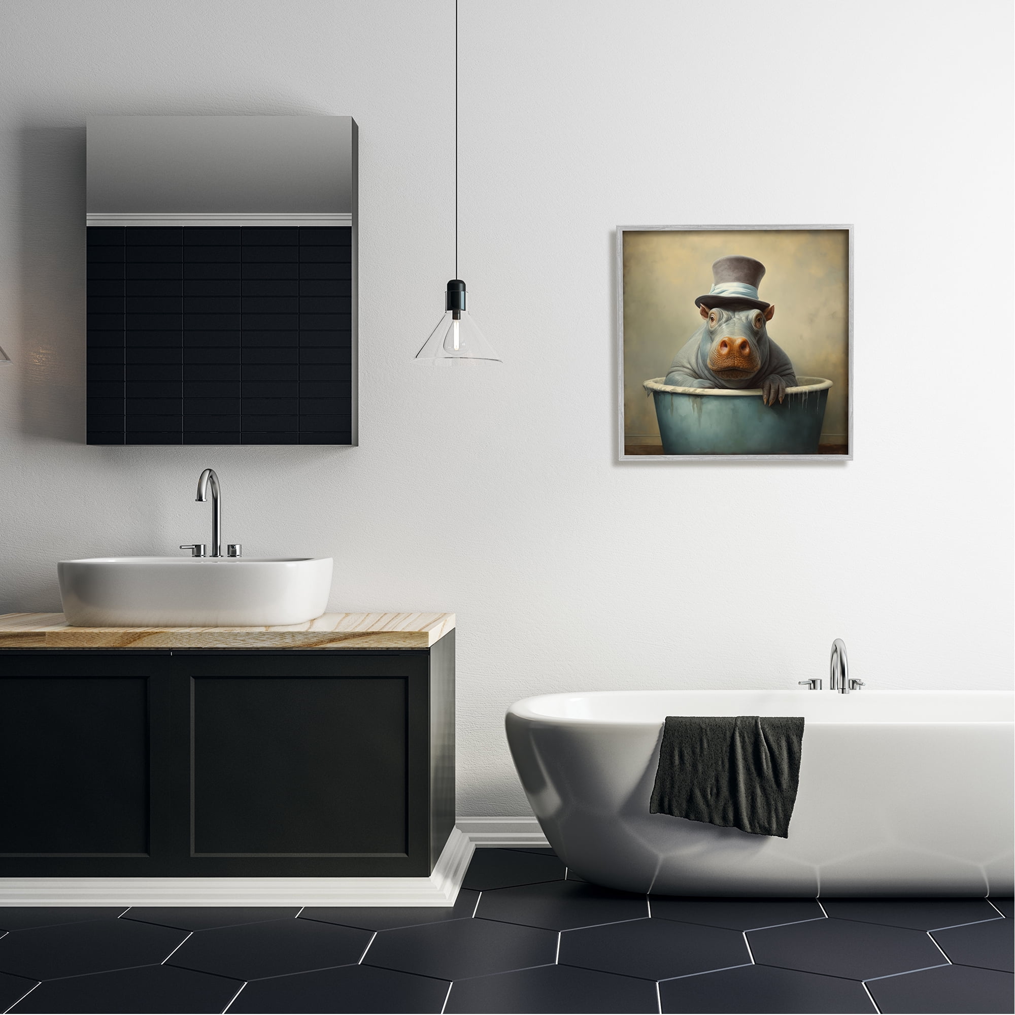 Stupell Industries Hippo Rustic Tub Animals & Insects Painting Gray Framed Art Print Wall Art, 24 x 24