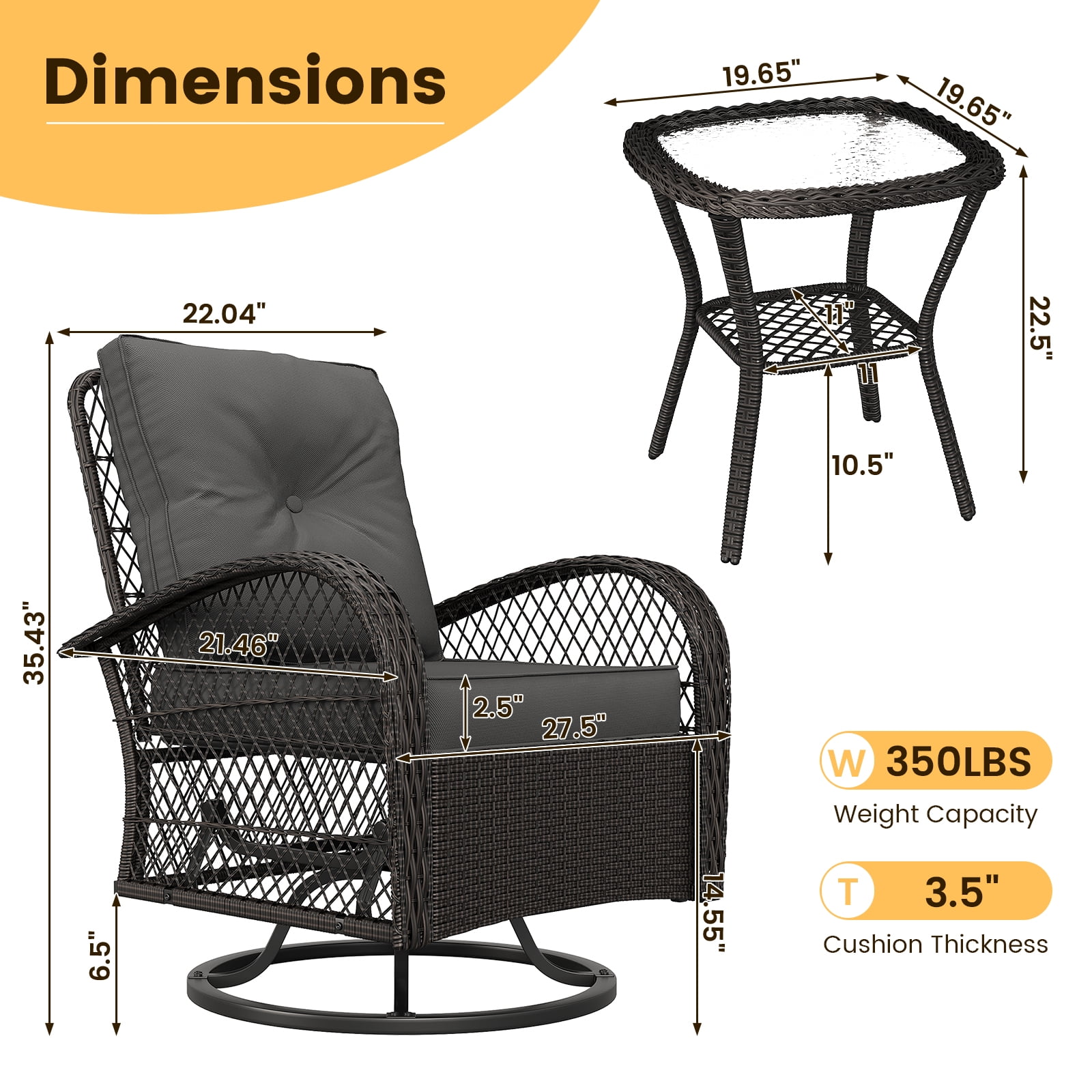 ELPOSUN 3 Pieces Patio Furniture Set, Outdoor Swivel Gliders Rocker, Wicker Patio Bistro Set with Rattan Rocking Chair, Glass Top Side Table and Thickened Cushions for Porch Deck Backyard