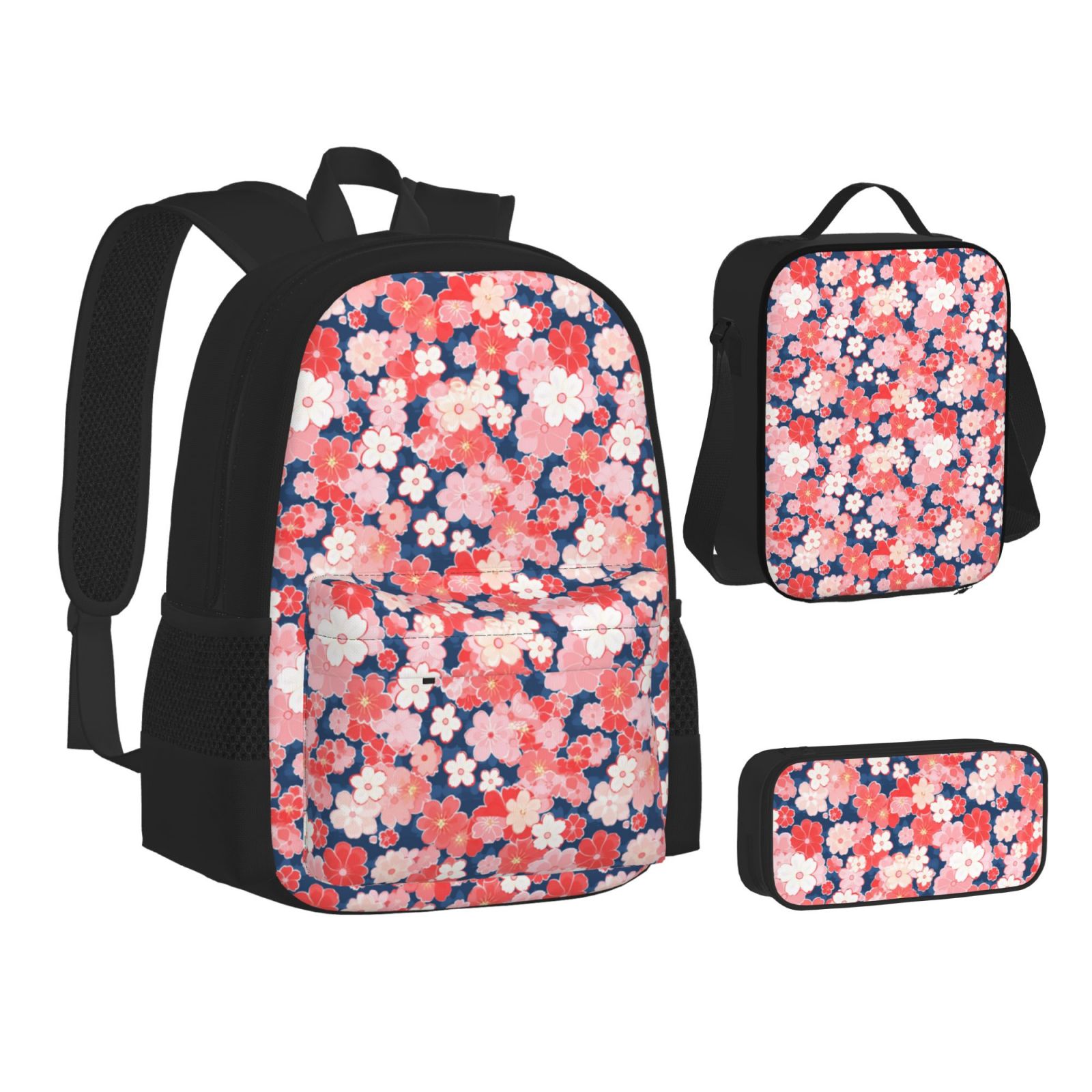 Naloa Japanese Cherry Blossoms Print Large Capacity Backpack Lunch Bag Pencil Case Combination 3 Piece Set for Student