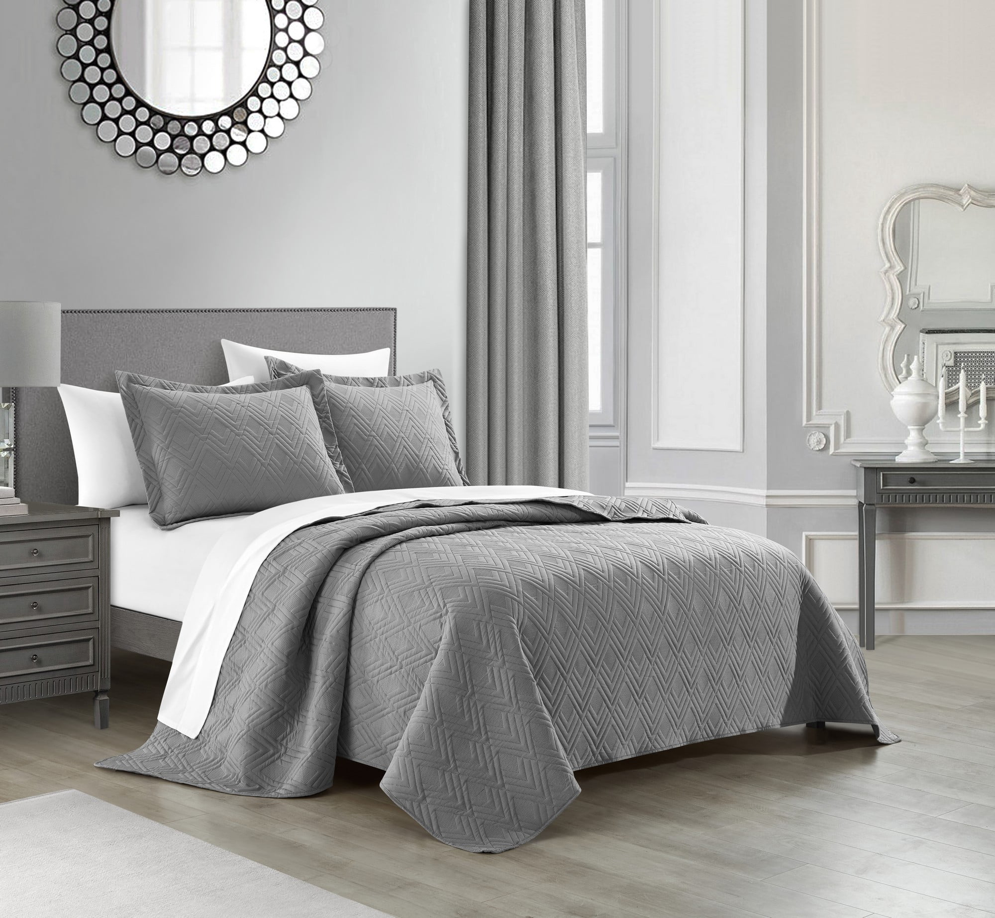 NY&C Home Marling 7-Piece Quilt Set Contemporary Geometric Diamond Pattern, King, Grey