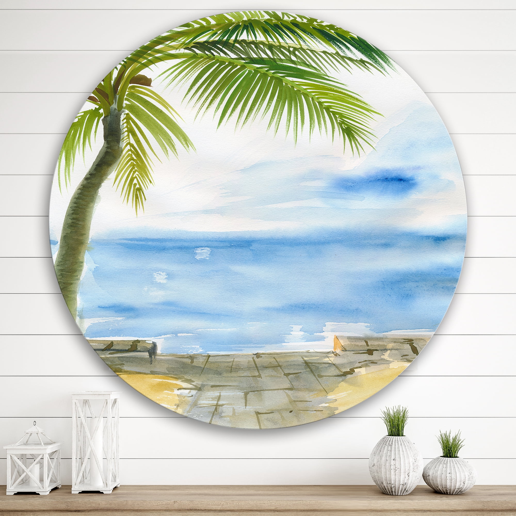 Designart 'Palm Beach Resort At Sunrise II' Nautical & Coastal Circle Metal Wall Art 29x29 - Disc of 29