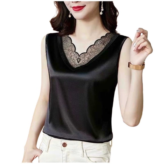 YUGYXL Fashion V-Neck Lace Tank Top for Women Elegant Silk Satin Sleeveless Shirts Summer Work Office Tees Party Outfits Black XXXXL