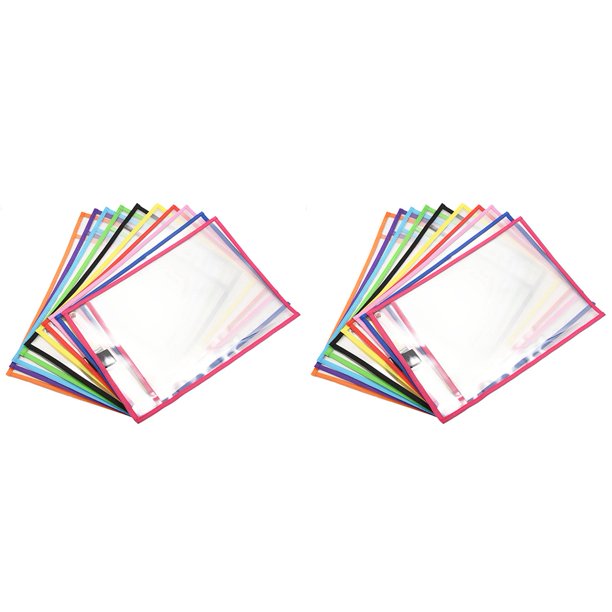 Reusable Dry Erase Pocket Sleeves with Marker Holder (24 Pack) Assorted Colors, Adult and