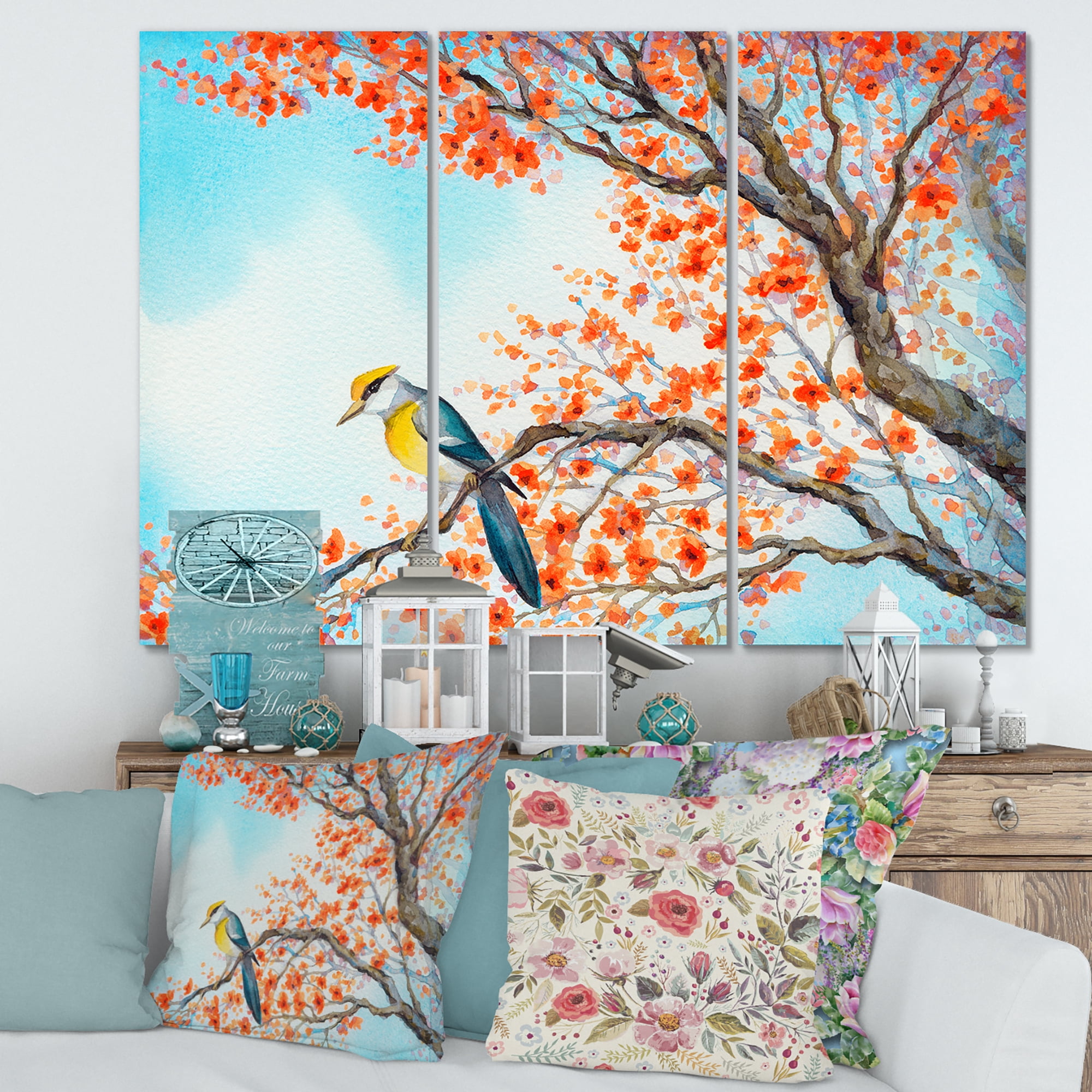 Designart ' Beautiful Orange Bird Sitting On Flowering Branch ' Traditional Canvas Wall Art Print