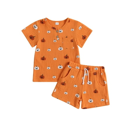 

2Pcs Newborn Baby Girl Boy Halloween Outfits Pumpkin Print Short Sleeve Shirt Tops + Shorts