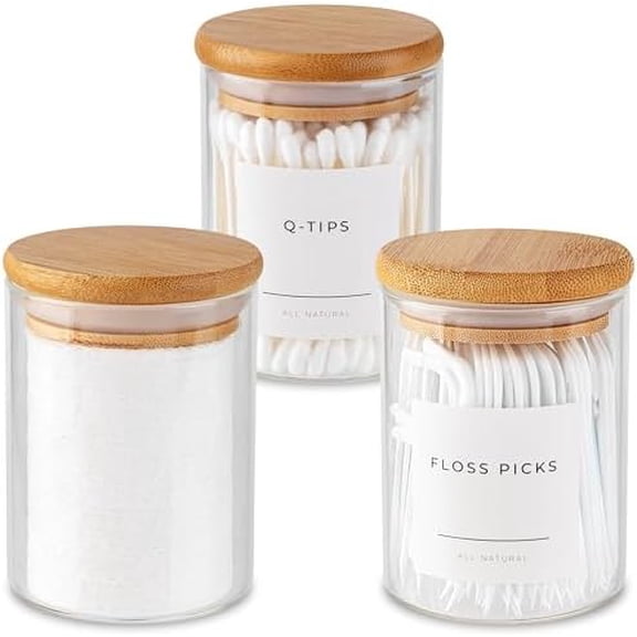 Mini Glass Apothecary Jars, Container Set: Bathroom Organizers & Storage, Bamboo Lids, for Cotton Balls, Pads, Swabs, 10 oz, Set of 3 – Home Decor