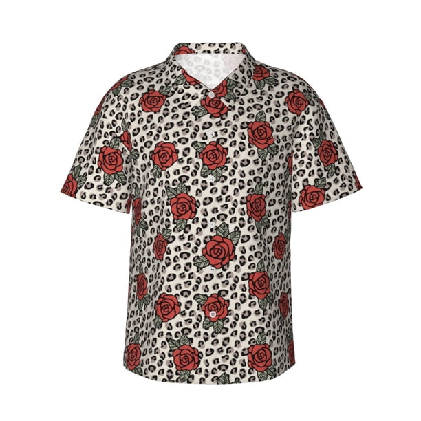Fotbe Leopard Print Rose Camisa Hawaiana para Hombre Unisex – Camisa Casual de Verano con Botones de Manga Corta de Algodón y Lino,Medium