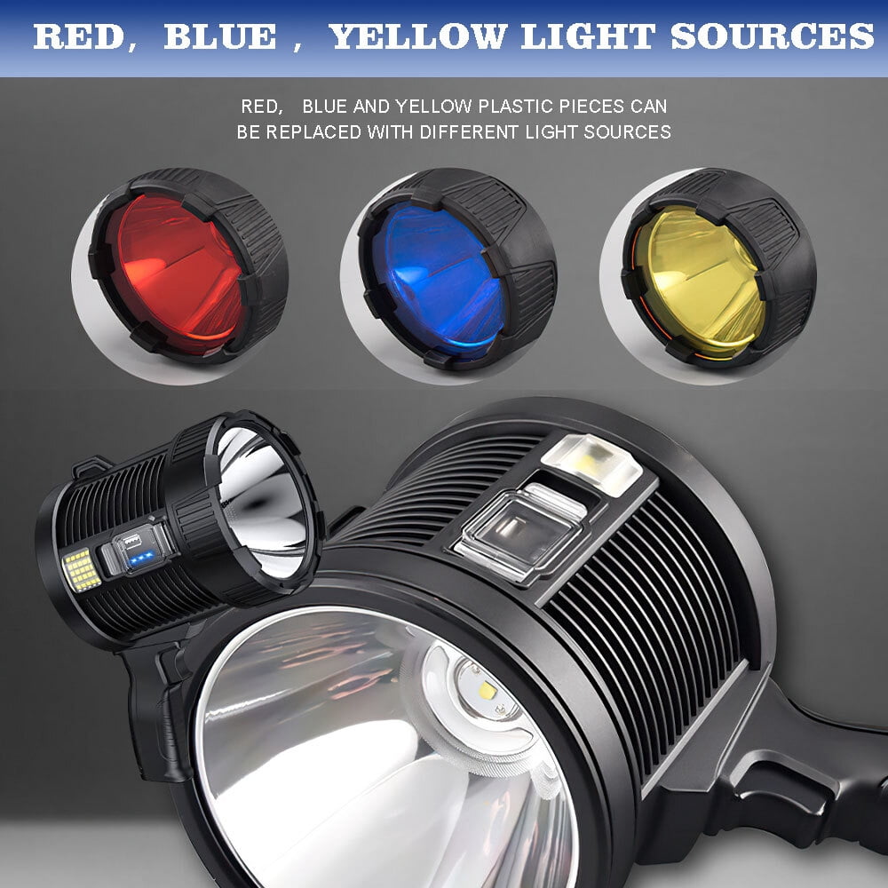 Rechargeable Spotlight, 10000 Lumens Bright LED Flashlight, Outdoor Long Running Handheld Searchlight with Solar Panels for Hunting,Camping,Fishing (6 Modes, IPX5 Waterproof)
