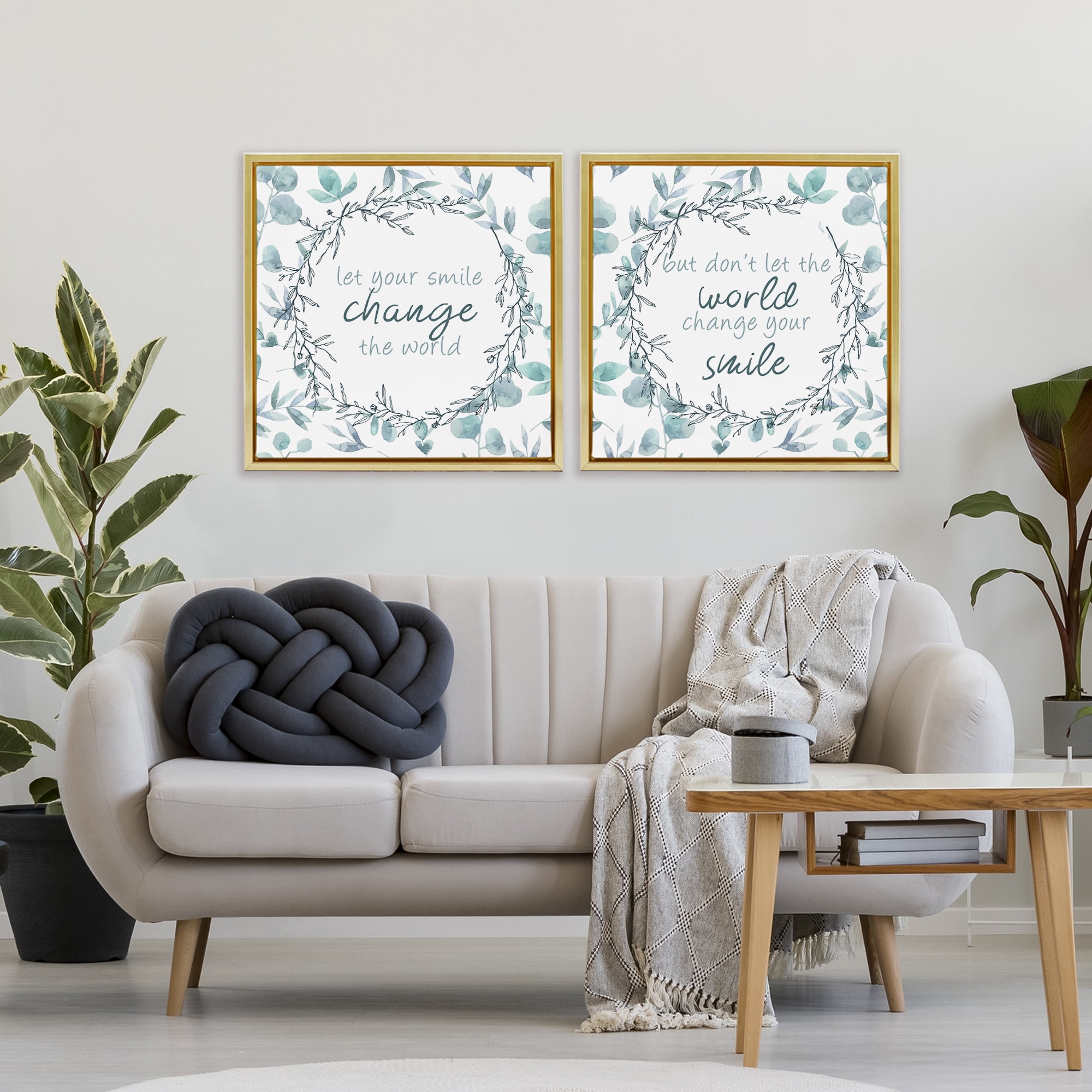 Stupell Industries Inspirational Smile Quotes 2 Piece Gold Framed Floater Canvas Set, design by Kim Allen