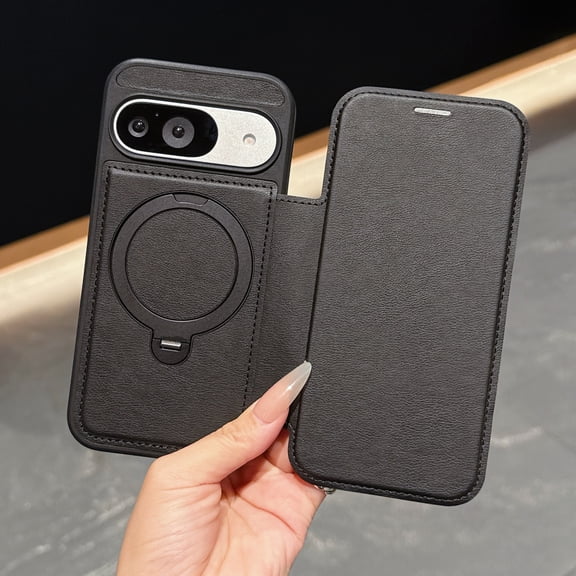 Allytechgroup Flip Case for Google Pixel 10 /10 Pro, Magnetic Kickstand Protective Cover with Card Pocket, Credit Card Slot, Lightweight Non-Slip PU Leather PC TPU Support Wireless Charging, Black